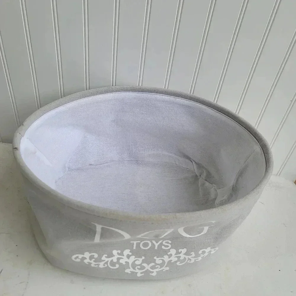 Dog Toys Oval Gray Canvas w/Handles Storage Basket Organizer Bin Box 7.5x15x12